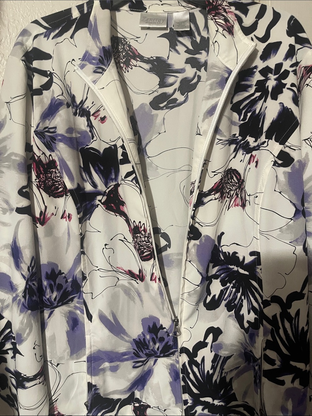 Floral Zip-Front Blazer Jacket - White with Purple & Black Print